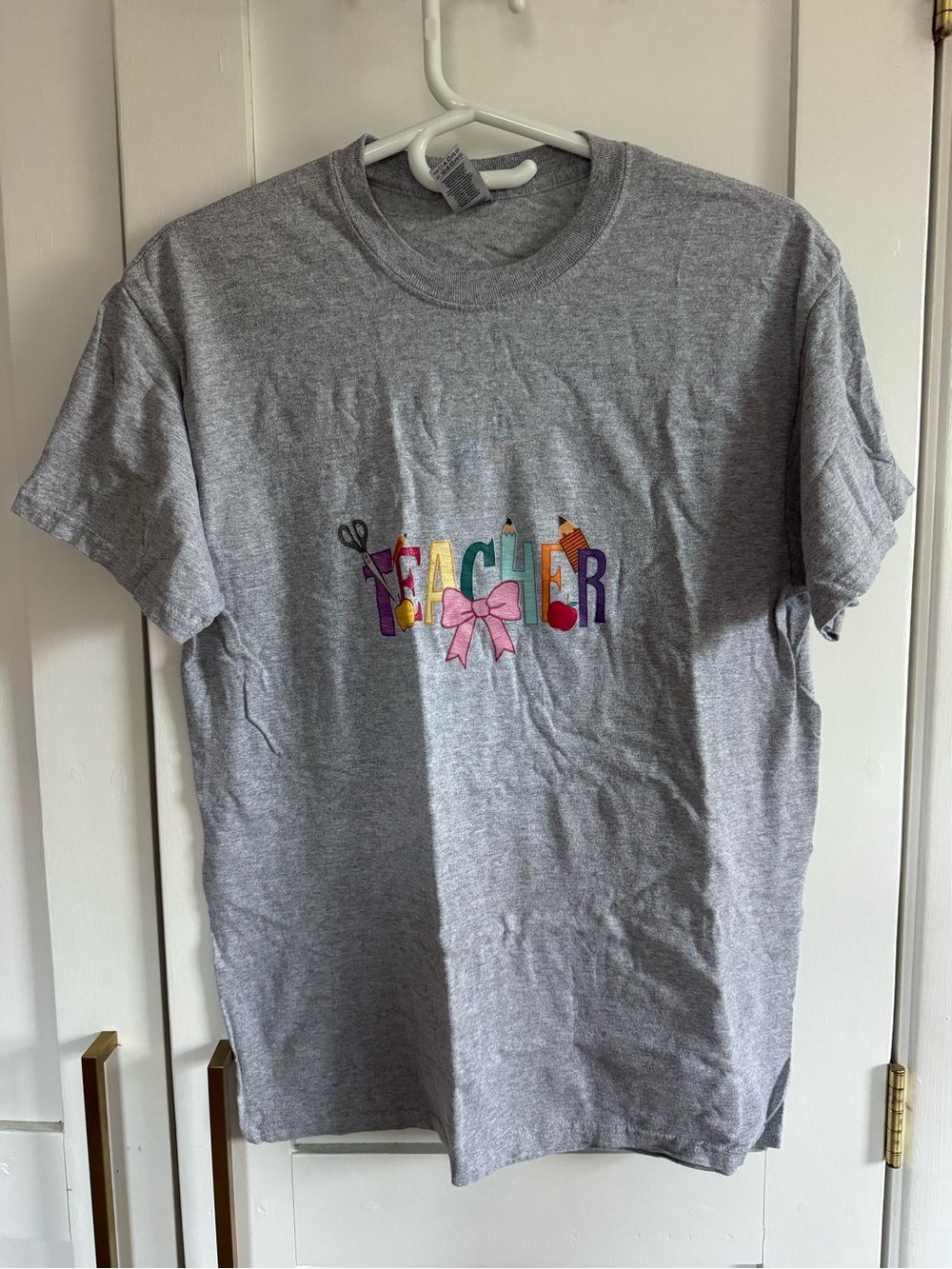 Gildan Gray Short Sleeve 'Teacher' Graphic Tee with Colorful Icons